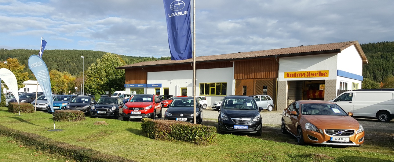 Betriebsgelände mit Gebrauchtwagen und Betriebsgebäude im Hintergrund vor blauem Himmel